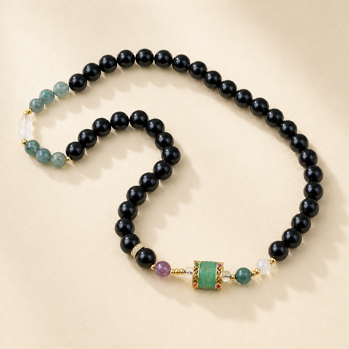 Black Beaded Bracelet with Multicolor Accents - 01-flatlay