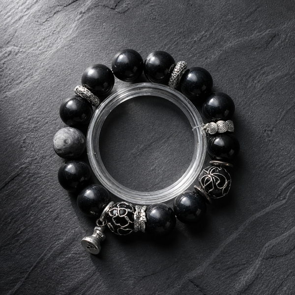 Black Beaded Bracelet with Silver Charms | Thoughtful Gift