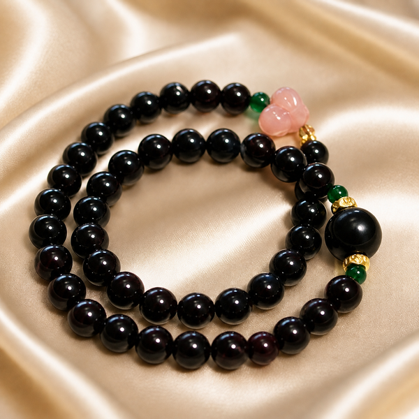 Black Beaded Bracelet with Green & Pink Accents | Style XYZT0756