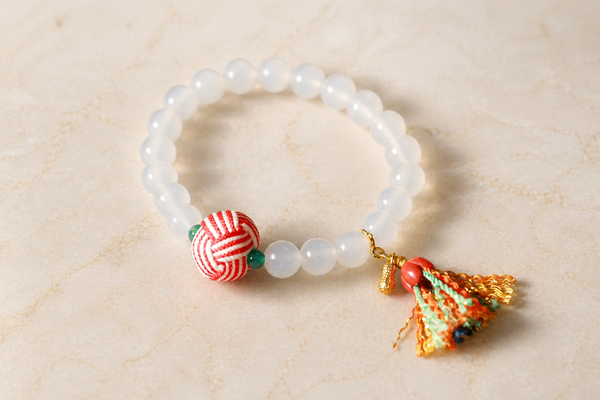 White Agate Beaded Bracelet with Tassel
