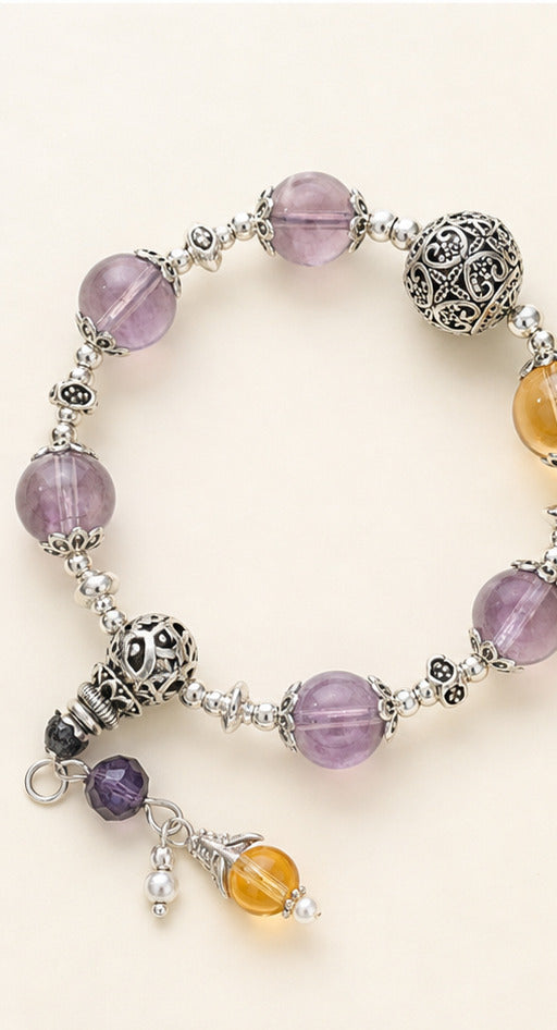 Purple Crystal Beaded Bracelet with Silver Charms