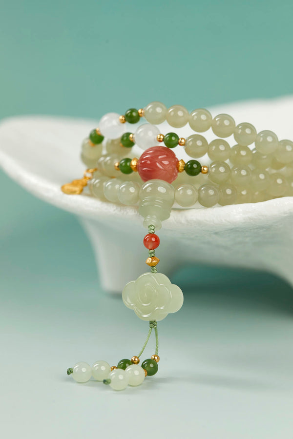 Pale Green Jade Lotus Multi-Wrap Bracelet | Layered Design