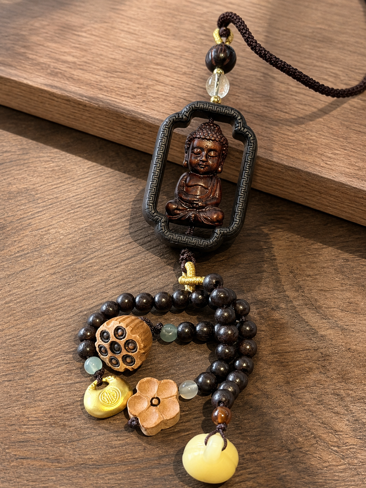 Grounded Path carved Buddha car charm with black bead strand