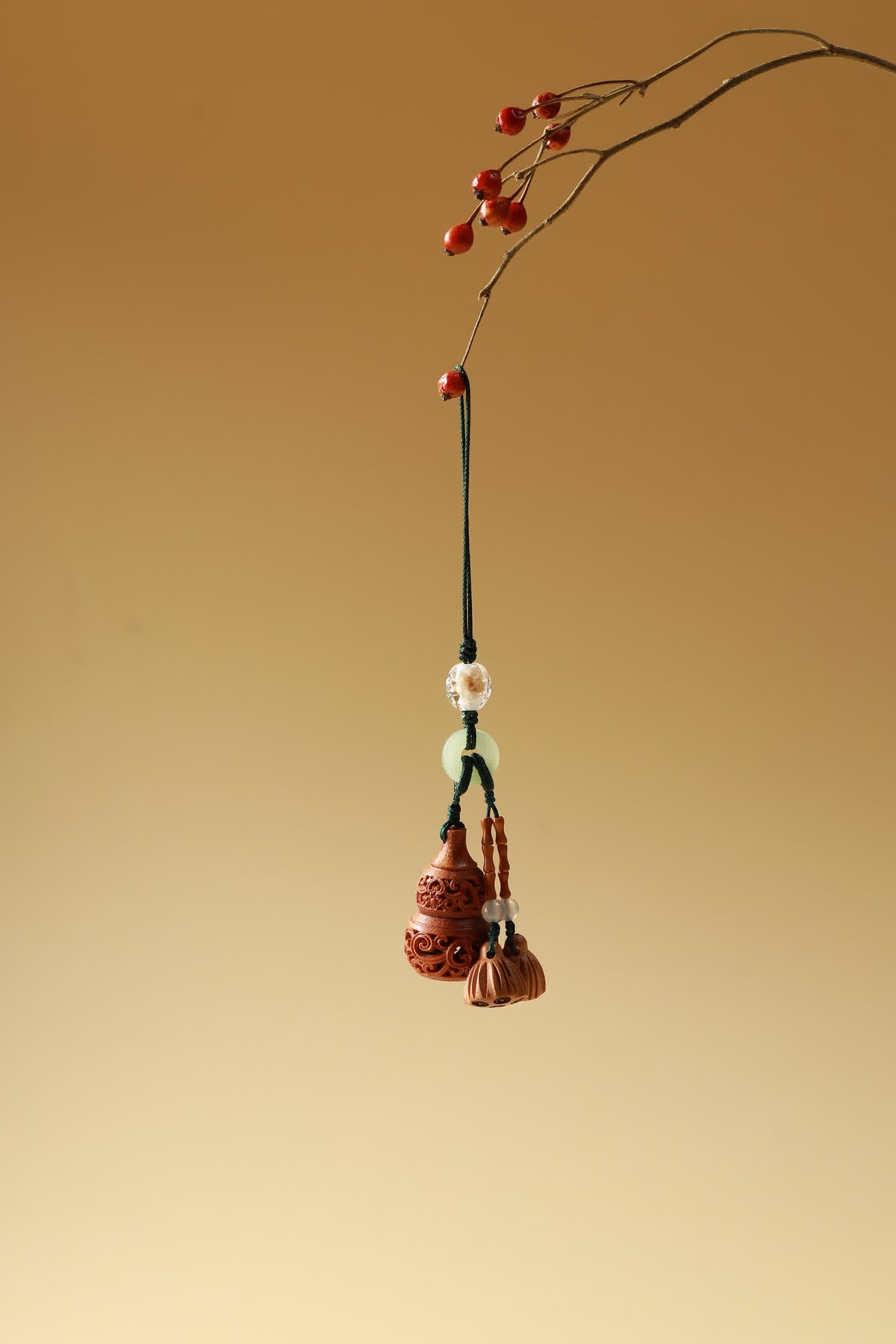 Carved Wood Gourd & Bamboo Bell Hanging Charm — product image 1