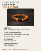 Care guide design card with a brown beaded bracelet photo and four care tips.