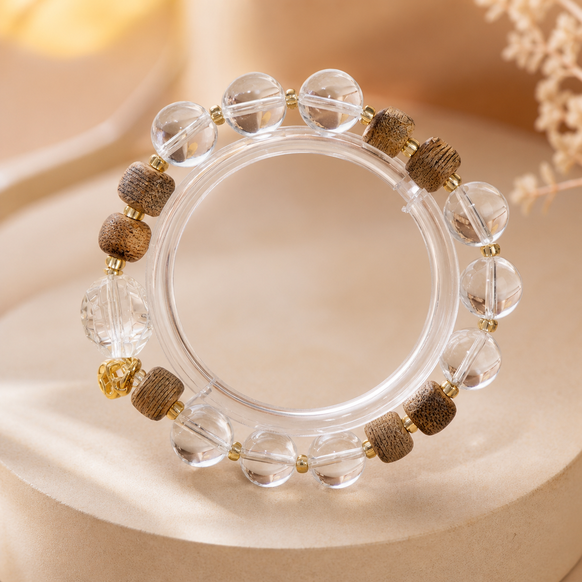 Clear Crystal and Wood Beaded Bracelet