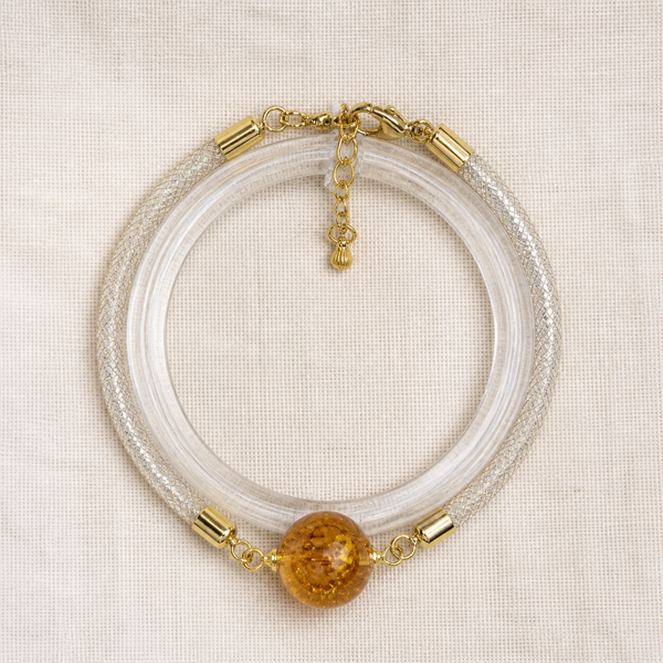 Clear Beaded Bracelet with Amber Accent