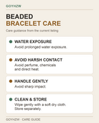 Beaded bracelet care guide: avoid prolonged water exposure, perfume, chemicals, sharp impact and direct heat; wipe gently with a soft dry cloth and store separately