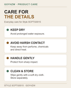 SCPTG0015 bracelet care guide: avoid prolonged water exposure, perfume, chemicals, direct heat and impact; wipe with a dry cloth and store separately