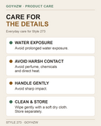Style 273 car charm care guide: avoid prolonged water exposure, perfume, chemicals, impact and direct heat; wipe with a soft dry cloth and store separately