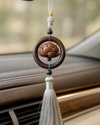 Chinese car blessing charm with carved wooden lotus ring and tassel